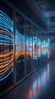 Modern data center server room with glowing blue and orange light trails representing high-speed data transfer and network connectivity in futuristic technology facility.