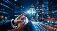 Digital justice concept with businessman touching glowing scales icon connected to network of people symbols representing legal technology and law firm services.