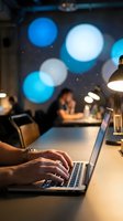 Man typing on laptop in modern coworking space with blue bokeh lights, desk lamp glowing, colleagues working in background at night.