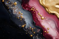 Abstract fluid art background with gold, black and pink marble texture, metallic particles and shimmering elements creating luxurious wavy pattern.