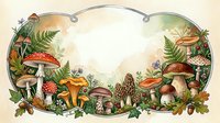 Watercolor frame with various forest mushrooms, ferns, and wildflowers on a light background, with copy space for text or design.