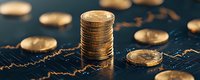 Golden stacked coins on financial chart background showing market trends and investment analysis, illuminated with warm light in dark setting.