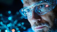 Bearded man wearing glasses with cosmic reflection and blue bokeh lights creating magical atmosphere. Futuristic concept showing technology and innovation.