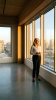 Professional businesswoman standing by office windows during golden hour sunset, modern corporate interior with city skyline view for business concepts.