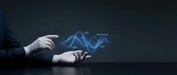 Businessman hands holding glowing blue digital DNA double helix structure representing genetic research, biotechnology innovation and medical science advancement.