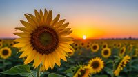 Bright sunflower blooms in golden field during warm sunset with orange sky. Agricultural landscape showcasing summer harvest season and natural farming beauty.