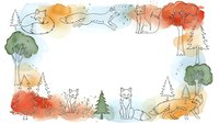 Watercolor forest animals frame with foxes, wolves and trees creating decorative border for nature-themed designs and seasonal projects.