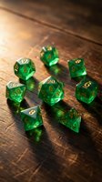 Green translucent polyhedral dice set with gold numbers on wooden surface for tabletop role-playing games and fantasy adventures.
