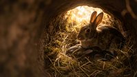 Wild rabbit sitting in underground burrow tunnel with warm golden light streaming through opening above, natural wildlife habitat scene.