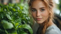Young Caucasian woman with braided blonde hair and blue eyes smiling gently, surrounded by fresh green foliage in natural daylight, wearing casual grey top.