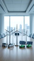 Renewable energy concept with wind turbines, solar panels and electric cars on conference table in modern office boardroom for sustainable business planning.