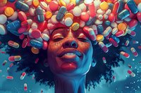 Young African American woman with natural curly hair surrounded by floating colorful medicine capsules and pills in surreal artistic composition against blue background.