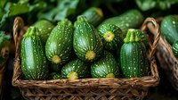 Fresh green zucchini squash with white speckles arranged in rustic woven basket, organic farm vegetables ready for cooking, healthy seasonal produce.