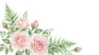 Isolated pink roses with green fern leaves and foliage on white background. Botanical arrangement suitable for wedding invitations, greeting cards, and design projects.