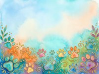 Watercolor illustration of colorful paw prints and swirling botanical elements arranged along bottom border with soft sky background, suitable for pet-related designs and children's projects.