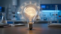Creative lightbulb with glowing brain inside surrounded by gear icons in modern laboratory setting representing innovation and scientific research breakthrough.