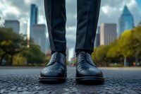Businessman wearing classic black oxford brogues standing on city street with modern skyscrapers and urban skyline in background, low angle view.
