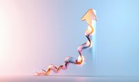 Glowing upward arrow with spiral light trail on gradient background, symbolizing growth, success, and business progress.