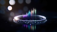 Futuristic holographic data visualization with colorful bar charts floating on glowing circular platform against dark background with bokeh lights.