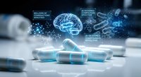 Futuristic medical capsules with holographic brain and DNA displays showcasing pharmaceutical innovation and neuroscience technology for healthcare advancement.