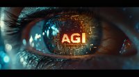 Close-up macro shot of human eye with AGI text reflection in pupil, surrounded by futuristic digital elements and bokeh lights creating cyberpunk atmosphere.