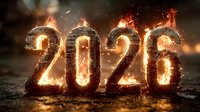 Burning numbers 2026 with fire and sparks effect on dark background, dramatic apocalyptic style for new year or future concept.