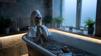 Skeleton soaking in modern bathtub with warm lighting and potted plants in contemporary bathroom setting, suitable for surreal, humorous, or conceptual design projects.