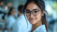 Young Asian businesswoman wearing glasses smiles confidently in office environment, with professional attire and natural makeup, blurred coworkers in background.
