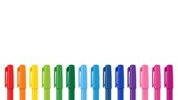 Colorful marker pens arranged in a row on white background, isolated clipart suitable for education, art supplies, design projects, and stationery graphics.