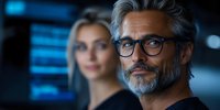 Mature Caucasian businessman with gray hair and glasses in focus, young female colleague blurred in background against blue digital screens in corporate office.