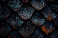 Dark metallic dragon scales with rust and blue patina texture creating mysterious fantasy pattern, abstract background for creative design projects.