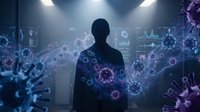 Businessman silhouette surrounded by floating virus particles in futuristic digital environment with blue lighting and data visualization elements.