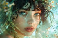 Close up portrait of young woman with glitter freckles, curly dark hair and bright eyes among spring flowers and green leaves in dreamy ethereal lighting.