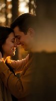 Young couple sharing intimate moment during golden hour sunset with warm lighting and romantic atmosphere in natural outdoor setting.