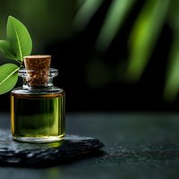 Small glass bottle with essential oil on black stone, green leaves and dark background with copy space for wellness and aromatherapy concept.