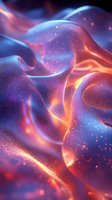 Abstract flowing energy waves with glowing particles in vibrant blue, purple, and orange hues. Smooth liquid-like forms create dynamic motion and depth. Suitable for backgrounds, digital art projects, and modern design applications.