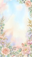 Soft watercolor floral border with pastel roses, peonies, berries, and gold accents on a dreamy gradient background for cards and invitations.
