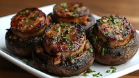 Grilled portobello mushroom caps with herbs on white plate, perfect for vegetarian cooking and healthy meal preparation.