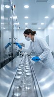 Female scientist in protective gear conducting research in sterile laboratory with modern equipment and bright lighting for pharmaceutical development.