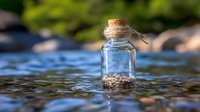 Small glass bottle with cork stopper sitting in shallow stream water surrounded by smooth river rocks and pebbles in natural outdoor setting.