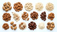 Assorted nuts and seeds including almonds, cashews, peanuts, and pistachios arranged in piles on white background for food, nutrition, and healthy snacking design projects.