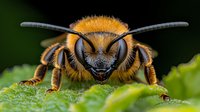 Extreme close up macro photography of wild solitary bee face showing detailed compound eyes, antennae and mandibles against green leaf background.