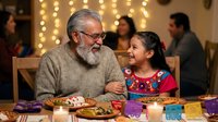 Grandfather and granddaughter enjoying traditional meal together during festive celebration with warm lighting and colorful decorations in background.