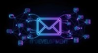 Email marketing network with glowing neon envelope icon connected to digital communication symbols on dark background for business technology concepts.
