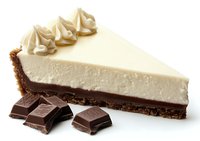 Slice of layered chocolate and vanilla cheesecake with whipped cream topping on graham cracker crust, served with dark chocolate pieces on white background.