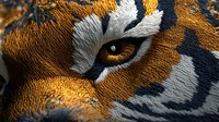 Close up macro shot of tiger eye with detailed fur texture showing orange, black and white stripes. Intense amber iris and fierce predator gaze creates dramatic wildlife art.