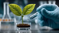 Scientist in protective gloves adding liquid solution to young plant growing in petri dish. Laboratory research of plant biotechnology and genetic engineering.