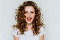 Young Caucasian woman with curly brown hair and bright smile wearing white t-shirt against light background, expressing joy and excitement.