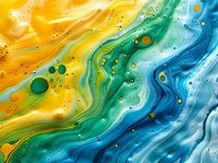 Abstract fluid art with flowing yellow, green, and blue paint creating a marbled effect with colorful bubbles and swirls on canvas.