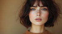 Young Asian woman with short dark hair, bangs and striking blue eyes wearing orange sweater against neutral background, soft natural makeup and parted lips.